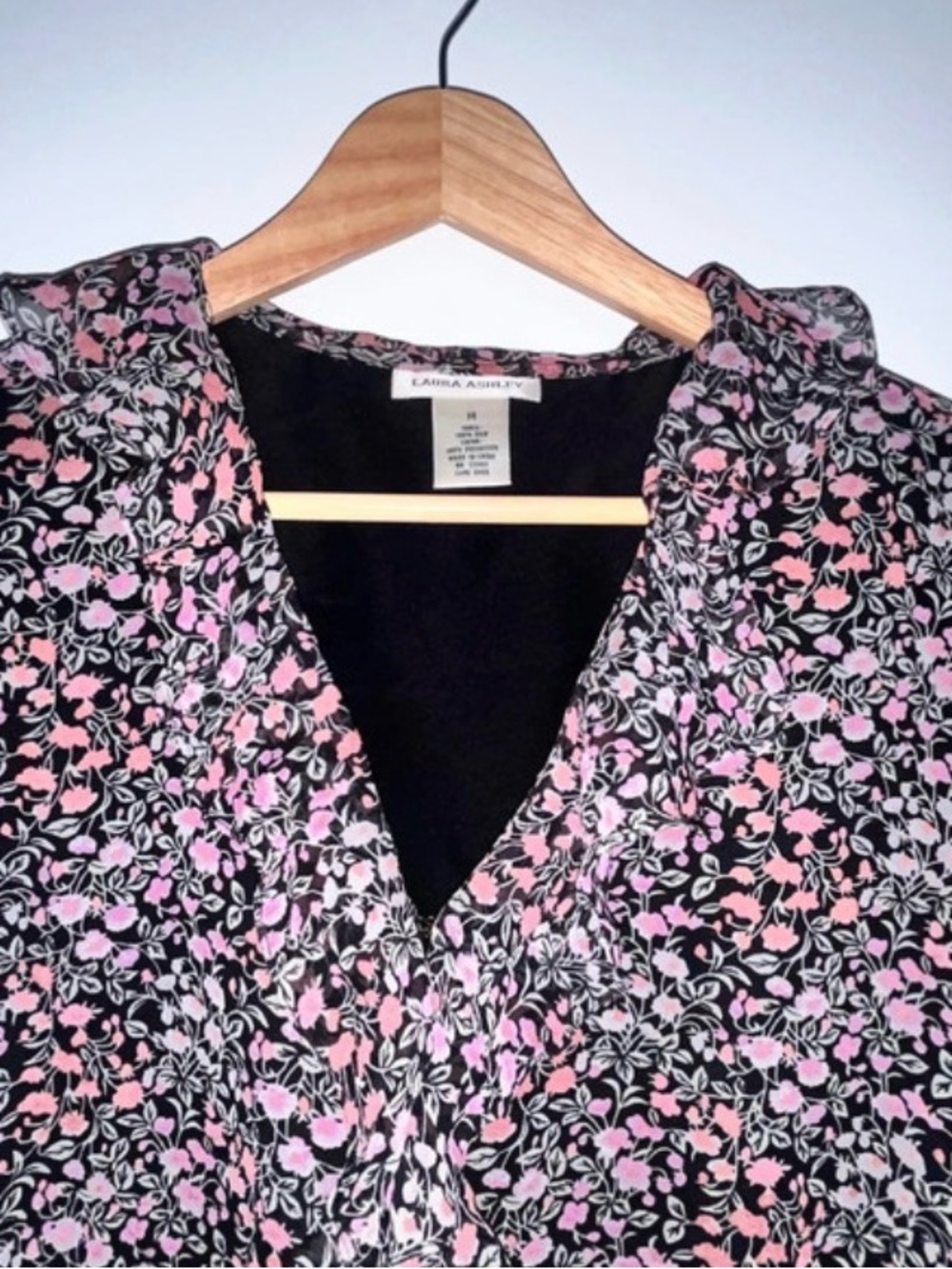 Laura Ashley Black Floral Ruffle-Front Blouse with Pink Accents